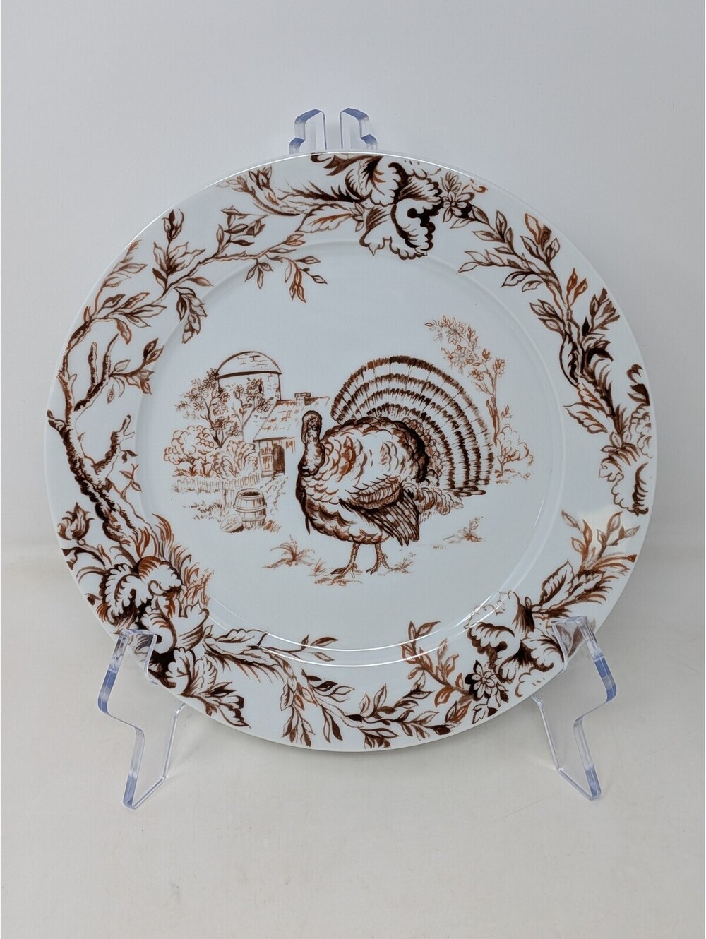 Vintage Pillivuyt France Porcelain Brown Turkey Dinner Plate 9.5" Set of 4 - New